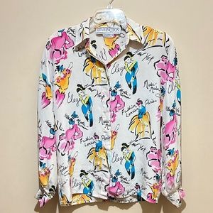 Vintage 100% Pure Silk artsy long sleeve women button down top blouse Sz 6